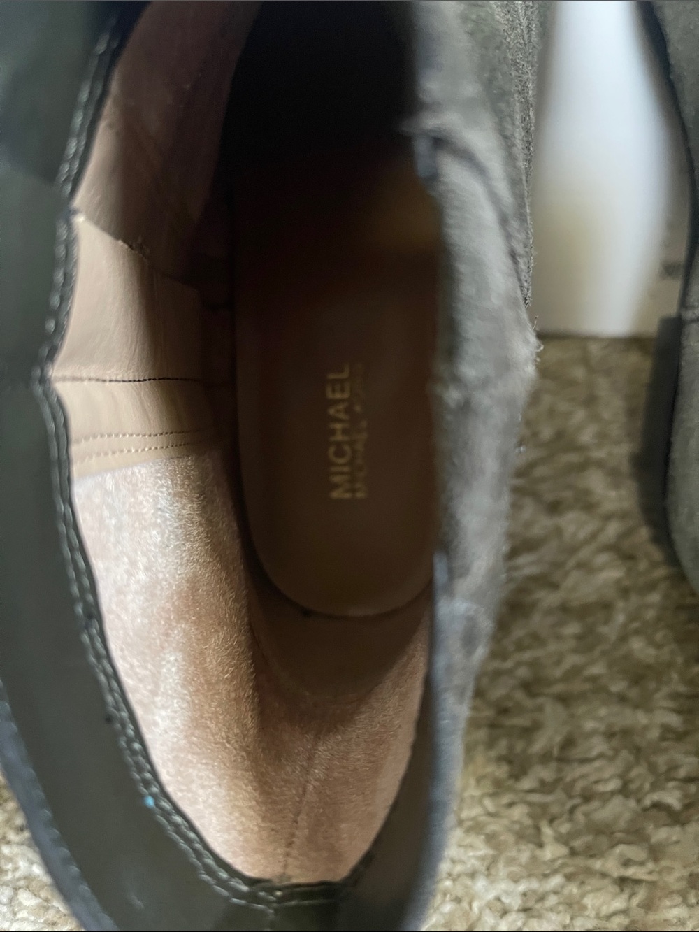 Michael Kors Dark Olive Suede Ankle Booties with Gold MK Zip Pull - Picture 4 of 5